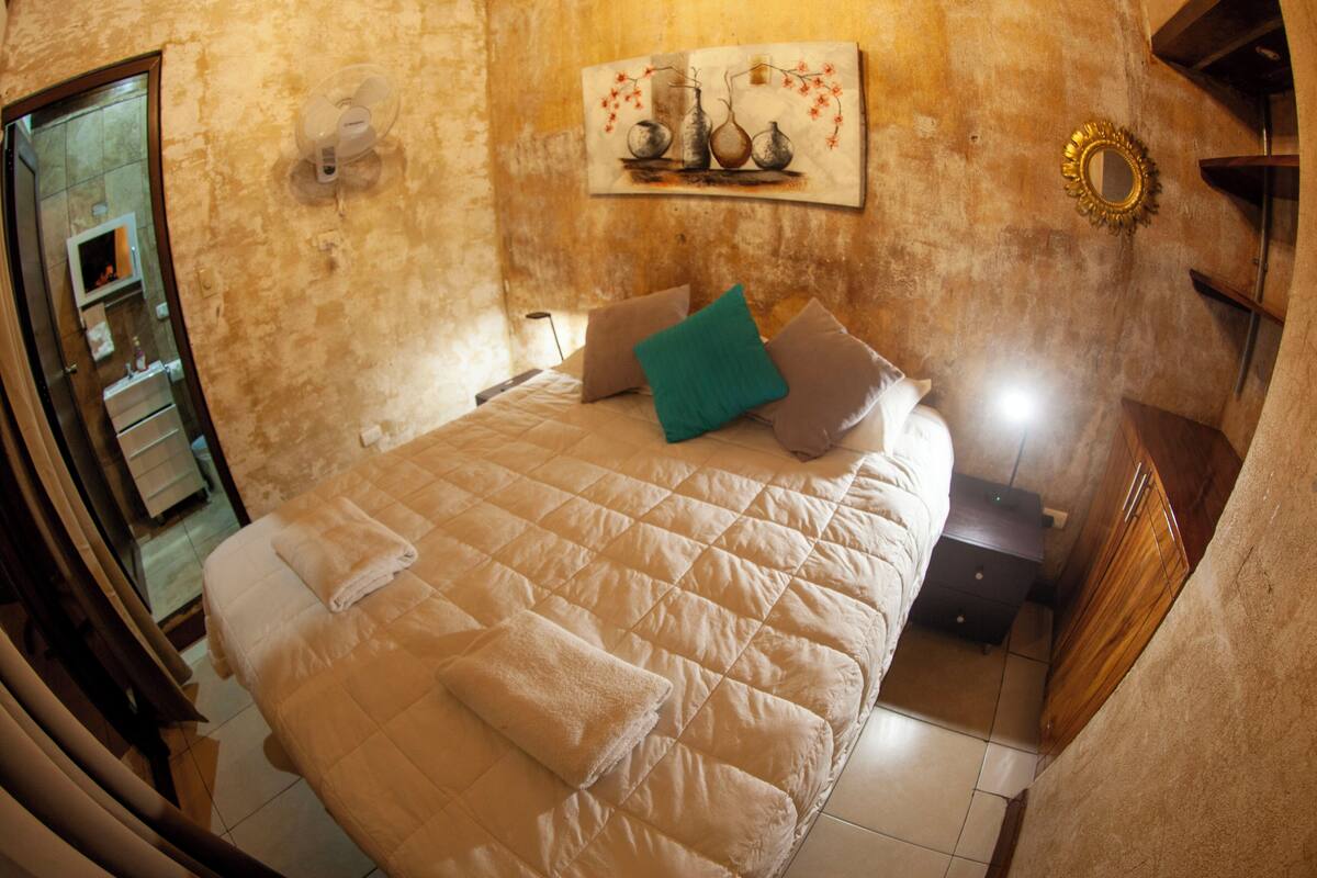 A bedroom with a large bed, a bedside table, a mirror, and a wall-mounted artwork.