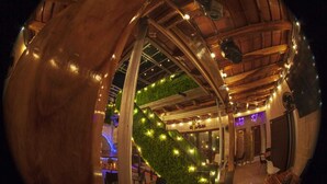 A restaurant with a unique spherical ceiling structure, green wall decor, and ambient lighting.