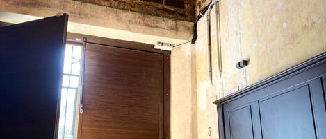 Un dormitorio con puerta de madera, una cama con ropa blanca, una planta en maceta y una araña.