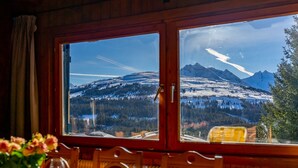 Ein Esstisch mit Stühlen und Blick aus dem Fenster auf eine verschneite Berglandschaft.