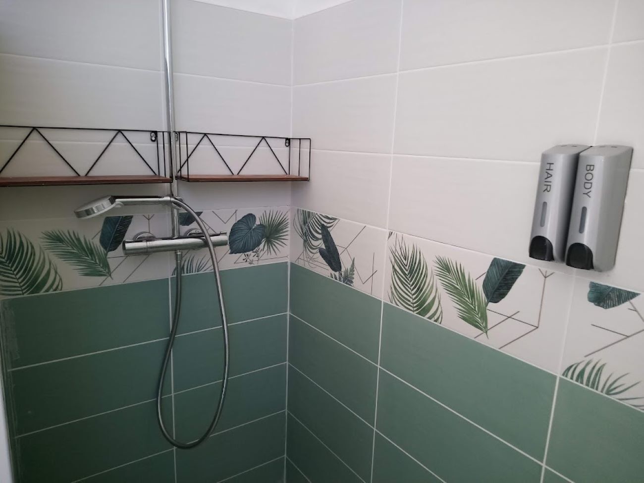 Douche, sèche-cheveux, serviettes fournies, savon