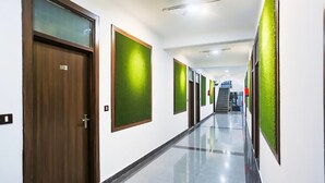 Un pasillo moderno con puerta de madera, paneles verdes con textura y suelo pulido.