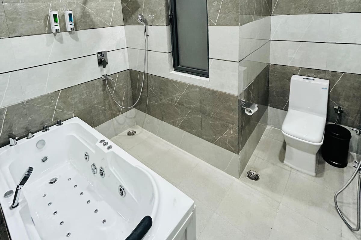 A modern bathroom with a large bathtub, a toilet, and a shower area.