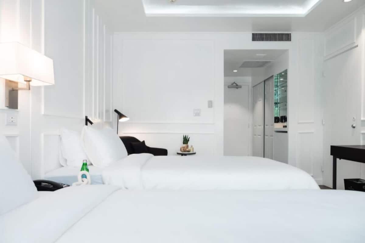A hotel room with a large bed, bedside tables, a lamp, and a small table with a plant.