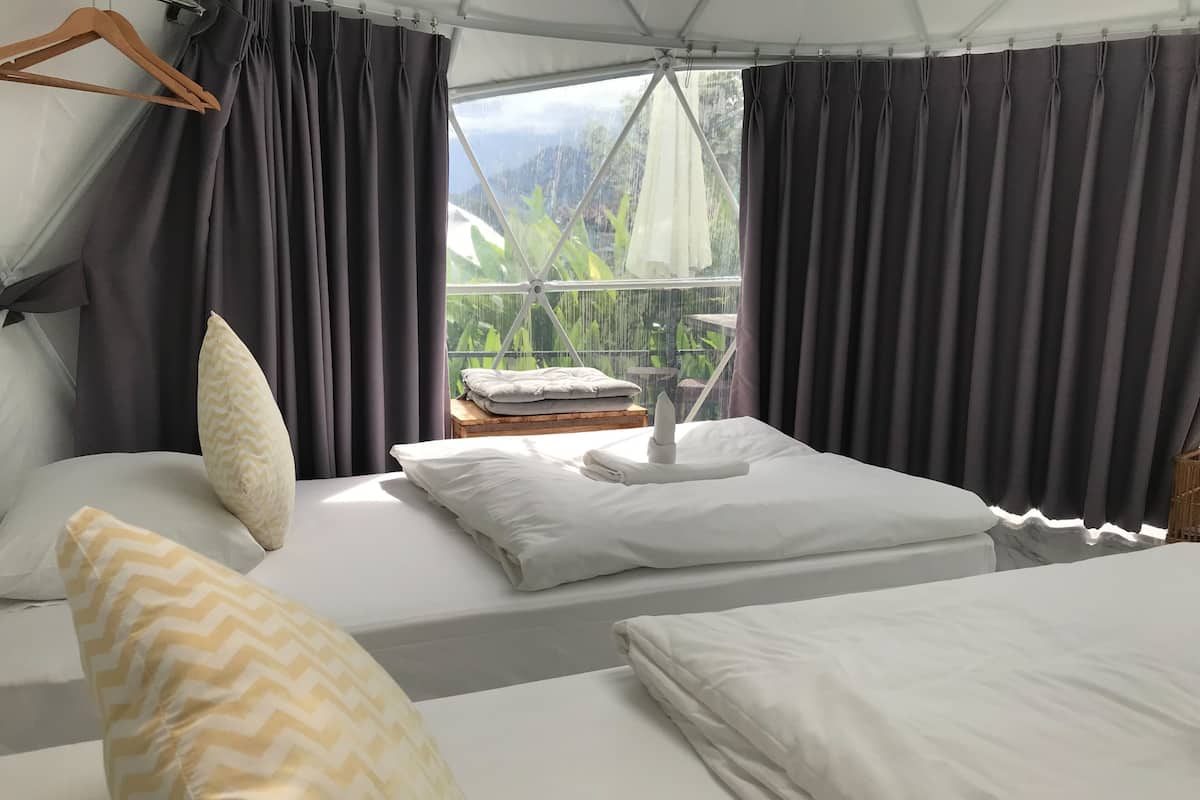 Habitación tipo tienda de campaña con cama, almohadas y vistas al follaje exterior.