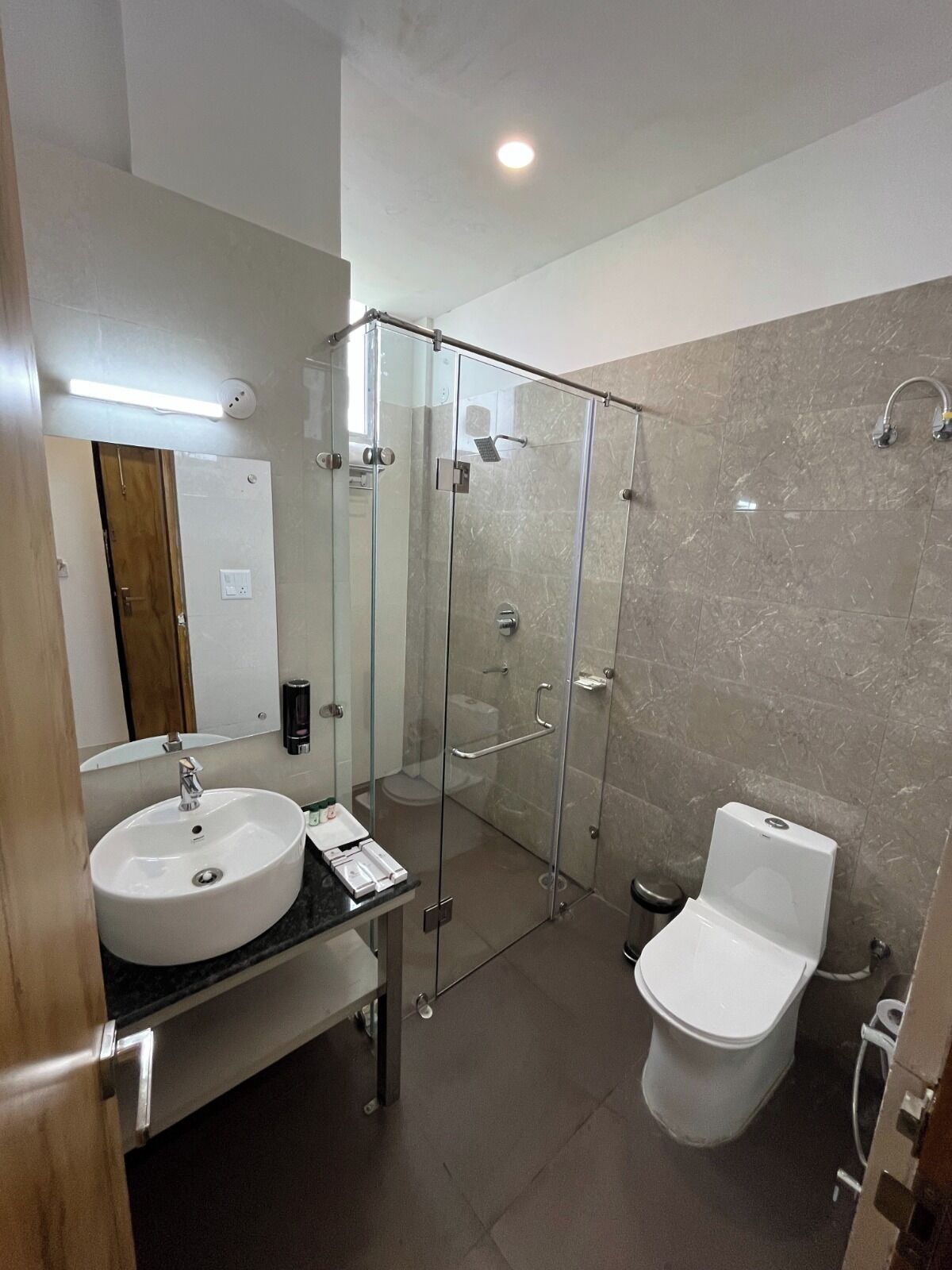A modern bathroom with a glass-enclosed shower, a white sink, and a toilet.