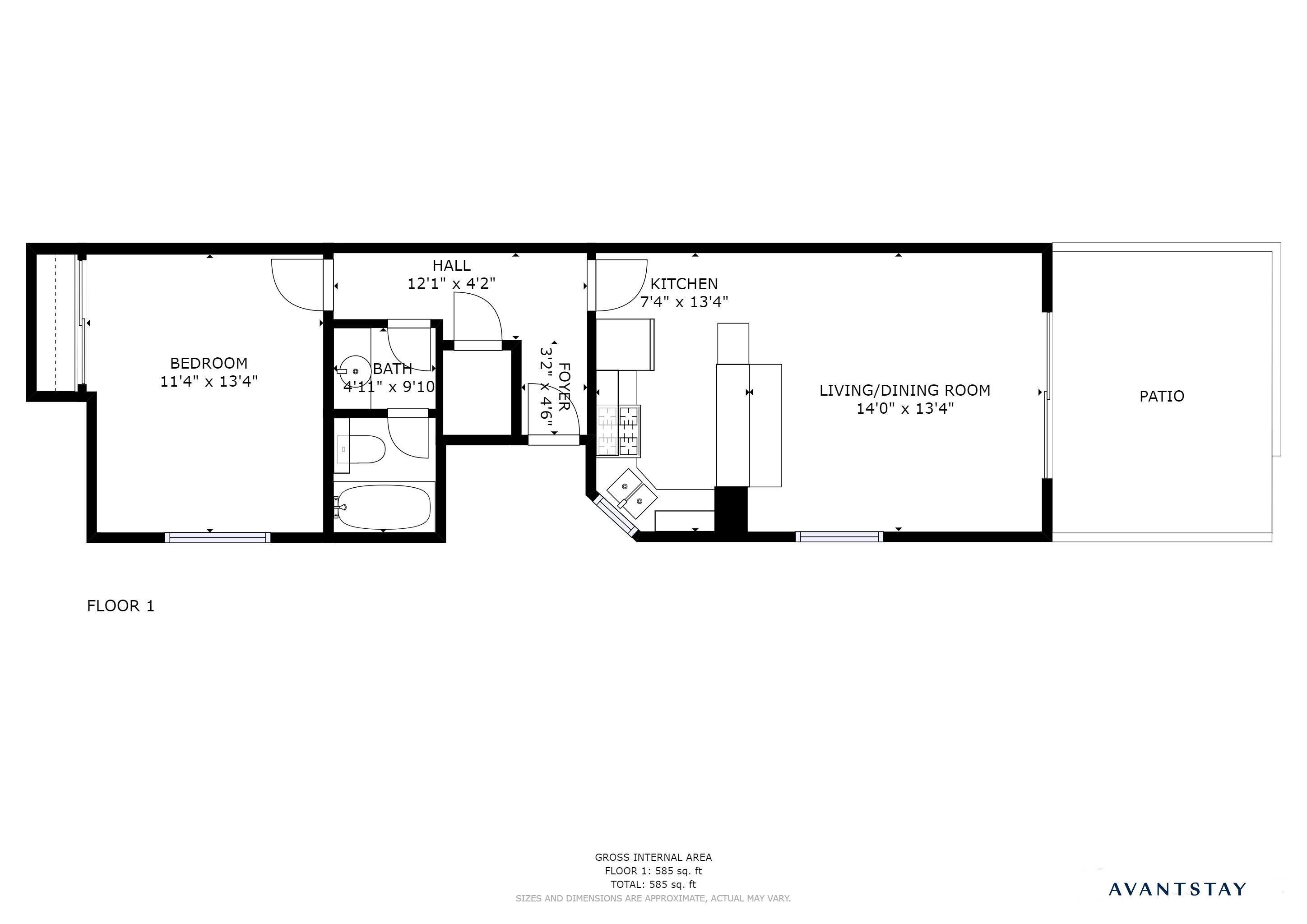 Plano de planta de una casa con dormitorio, baño, vestíbulo, cocina, sala de estar/comedor y patio.
