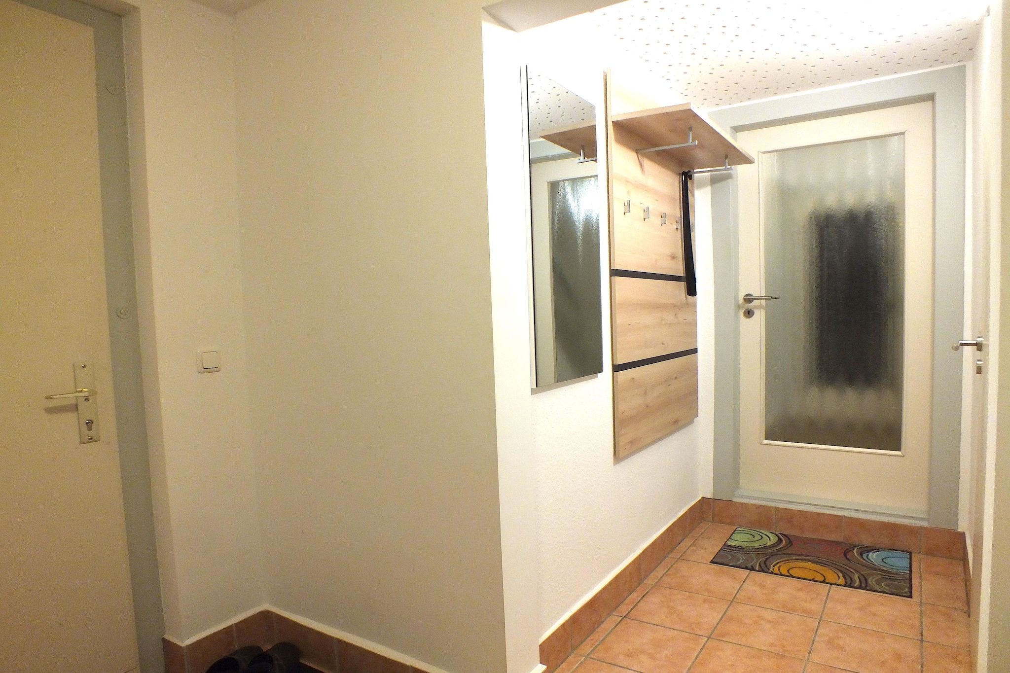A hallway with a door, a mirror, and a mat.