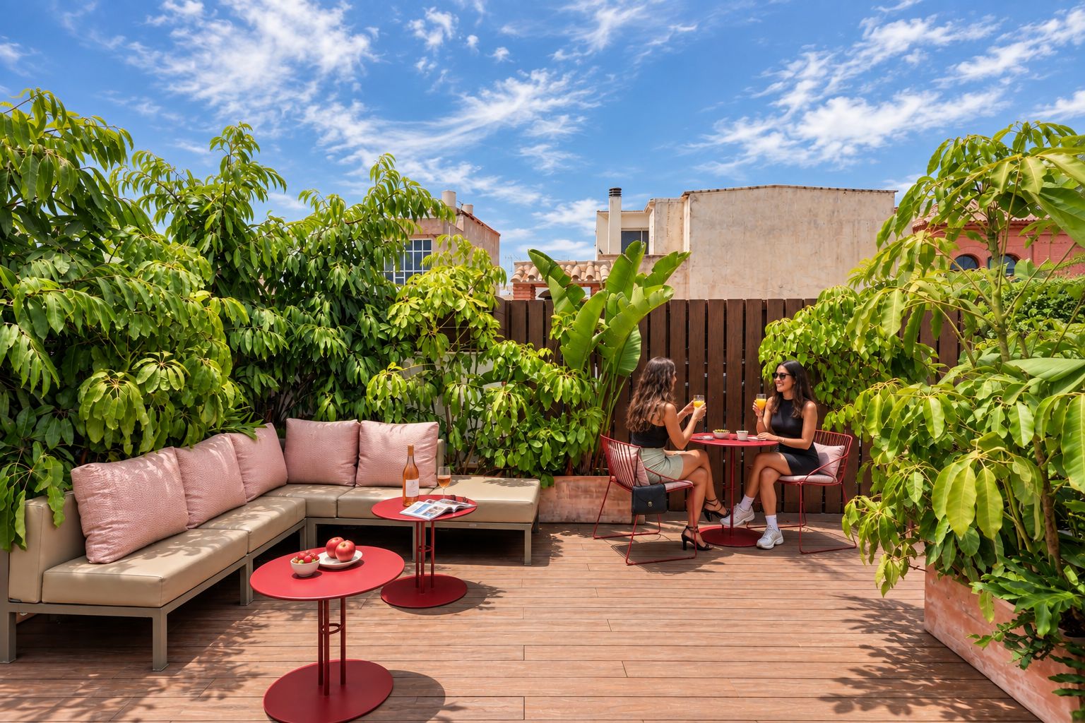 Une terrasse extérieure avec un canapé, deux tables rouges et une plateforme en bois.