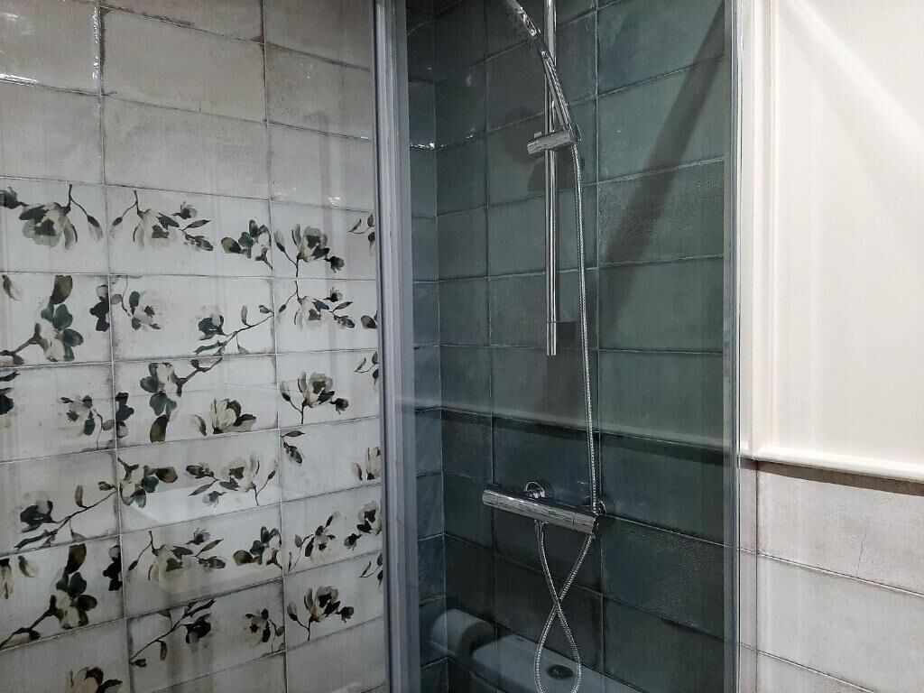 Ducha con puerta de vidrio y pared cubierta de azulejos con motivos florales.