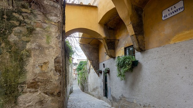 A narrow cobblestone alley with stone walls and a yellow building with a sign reading "VIA DEL GANNO".