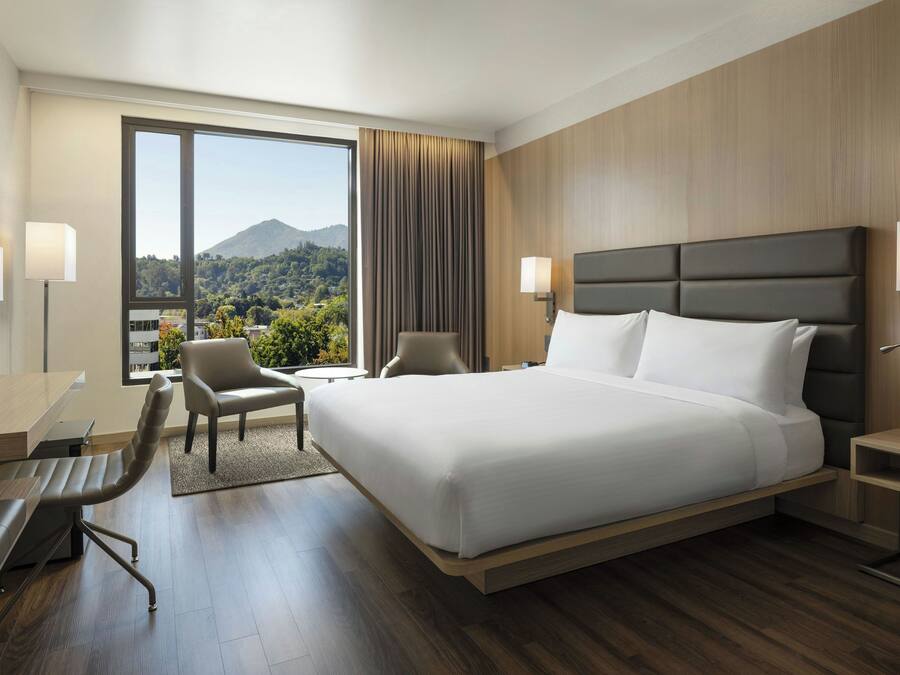 Habitación de hotel moderna con una cama grande, un escritorio, una silla y vistas a la montaña.