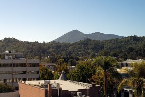 A multi-story building with a flat roof, surrounded by trees and a mountain in the background.