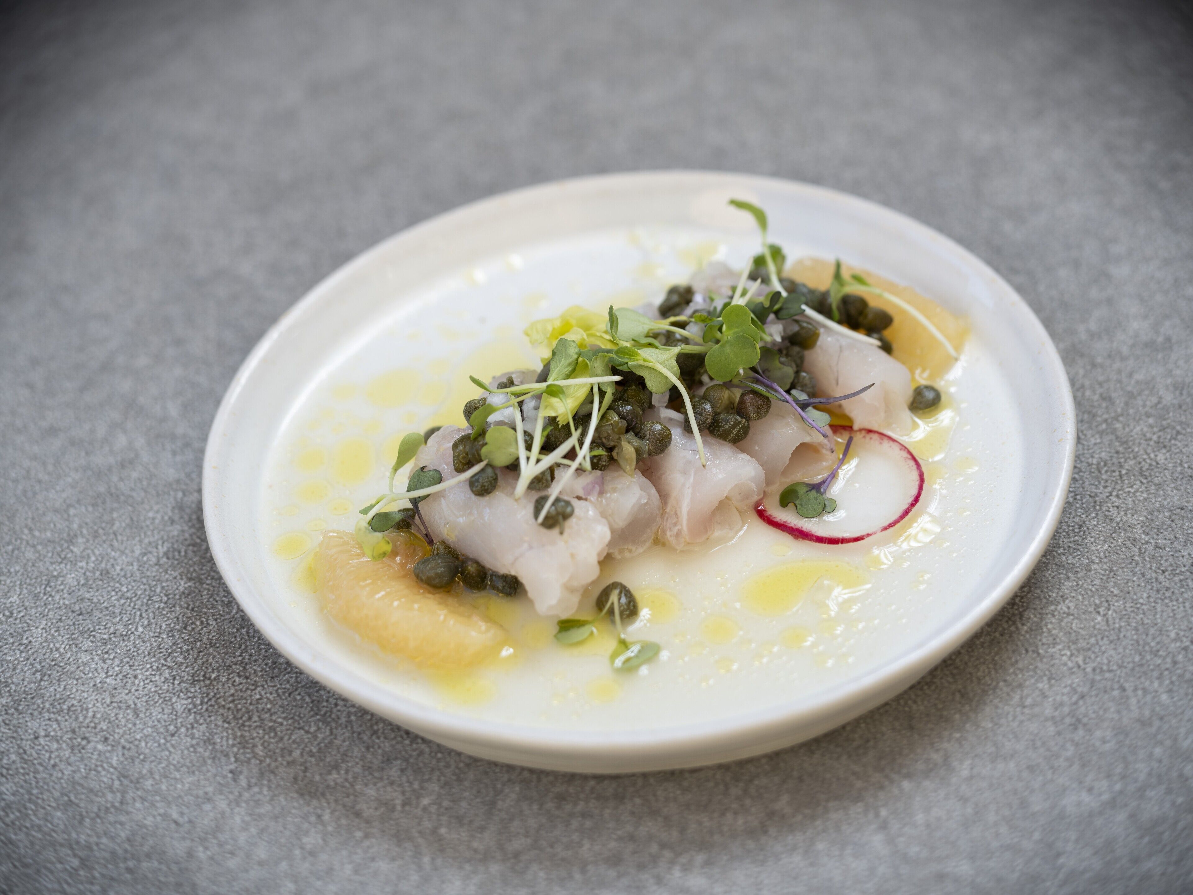 Un plato blanco con un plato de mariscos, adornado con microgreens y alcaparras, sobre una superficie gris texturizada.