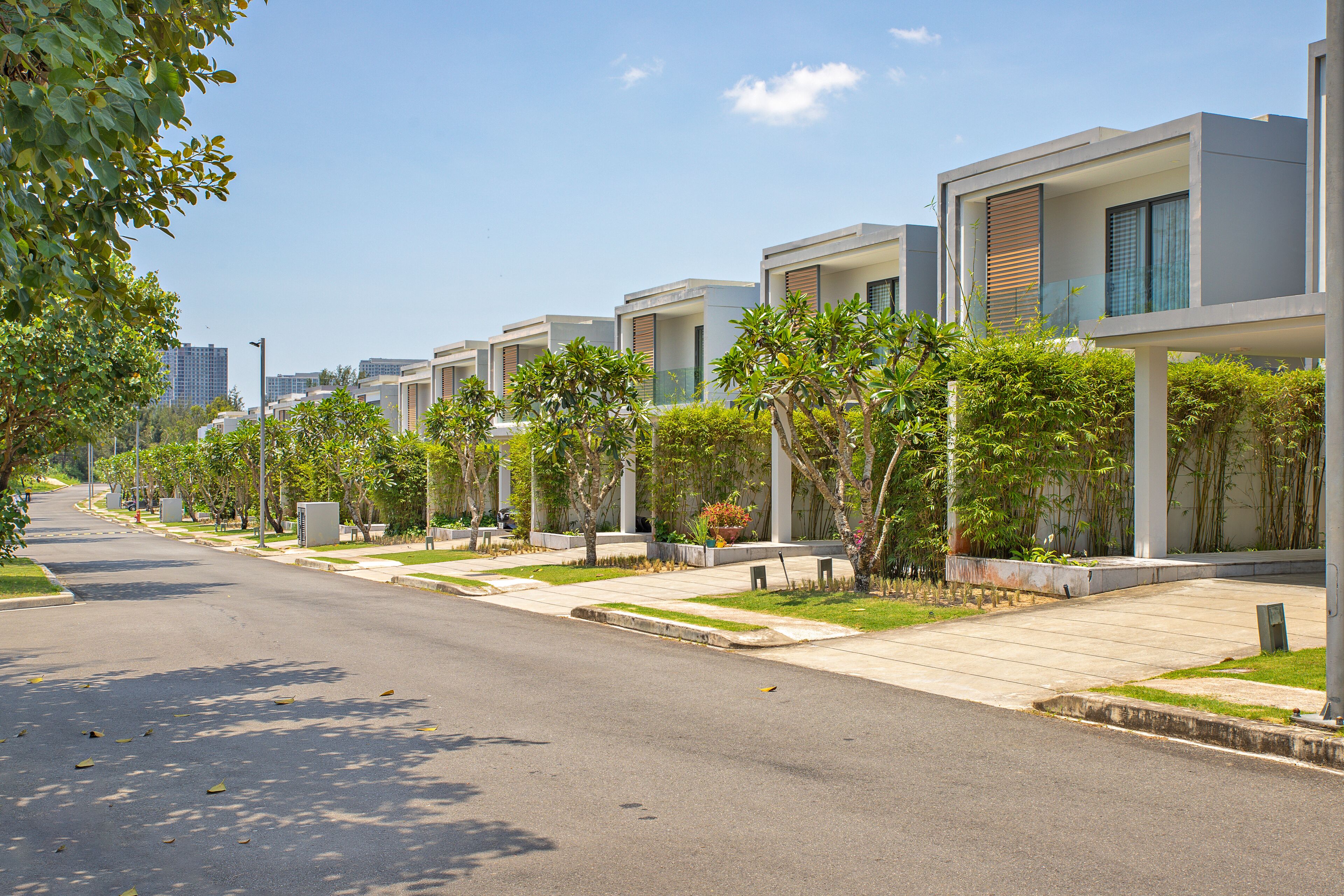 Una calle residencial moderna con casas similares, cielo despejado y abundante vegetación bien cuidada.