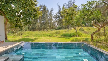 Relax by the serene pool surrounded by lush greenery and mature trees.