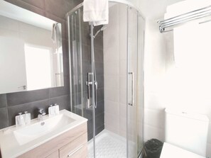 Un baño moderno con ducha envuelta en vidrio, tocador con lavamanos y artículos de aseo, y un inodoro.