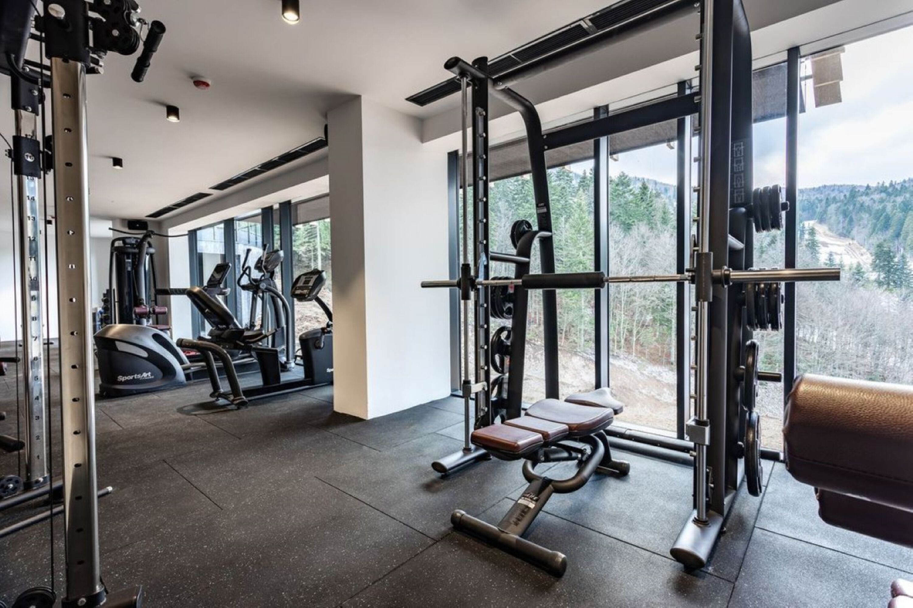 Una palestra con attrezzature per l'allenamento con i pesi, macchinari cardio e ampie finestre che si affacciano su una zona boschiva.