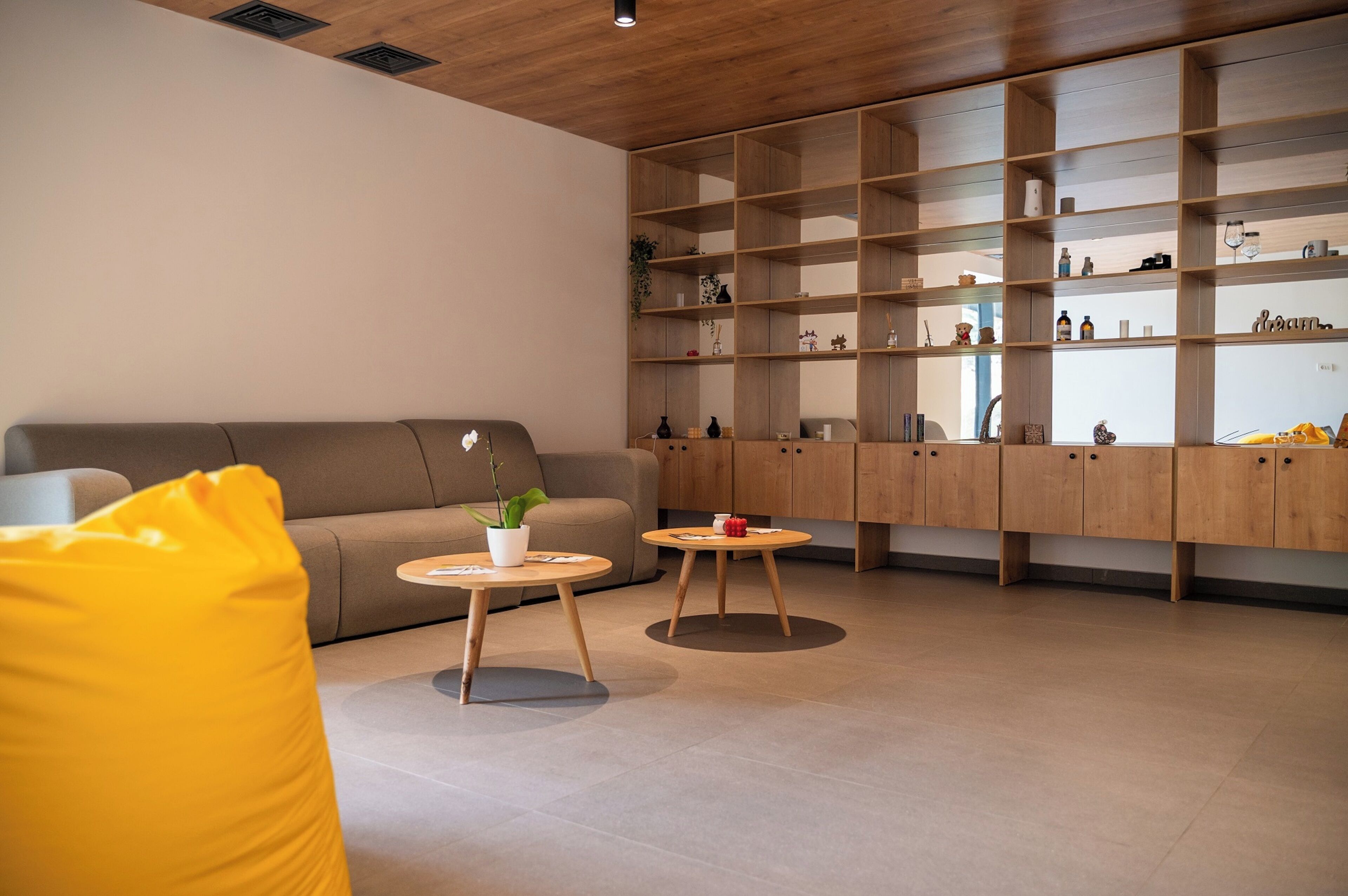A modern living room with a sofa, two coffee tables, and a wooden shelving unit.