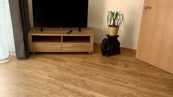 A room with a wooden floor, a TV on a wooden stand, a potted plant, and a painting on the wall.
