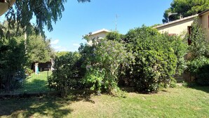 Un patio trasero residencial con césped, varios arbustos y una casa con antena visible.