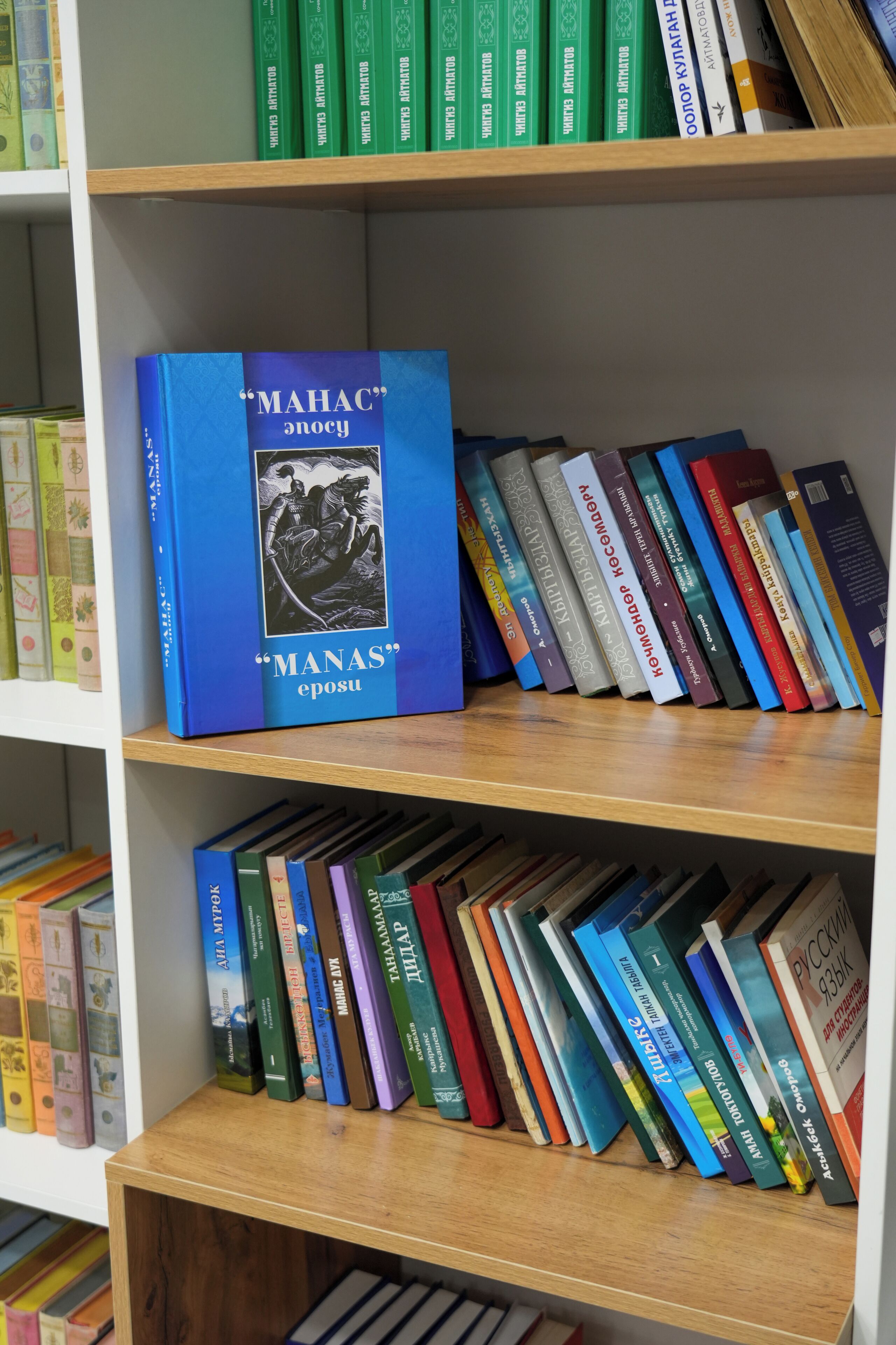 Une bibliothèque contenant divers ouvrages, dont un livre bleu bien en évidence intitulé « MAHAC » et « MANAS ».