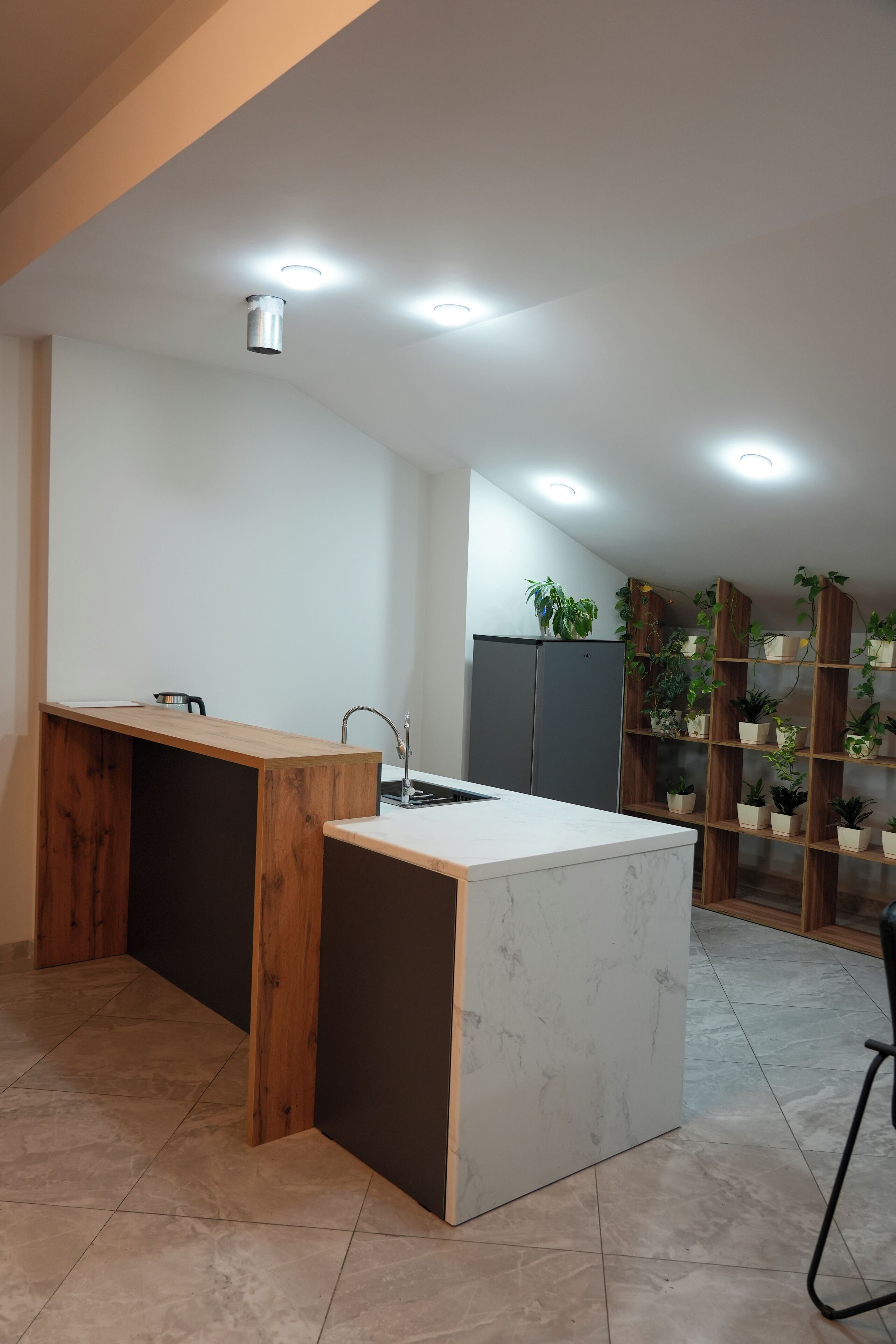 Una cocina moderna con encimera de mármol, armarios de madera y un lavamanos empotrado. Hay luces en el techo y una estantería con plantas.
