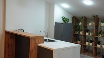 Una cocina moderna con encimera de mármol, armarios de madera y un lavamanos empotrado. Hay luces en el techo y una estantería con plantas.