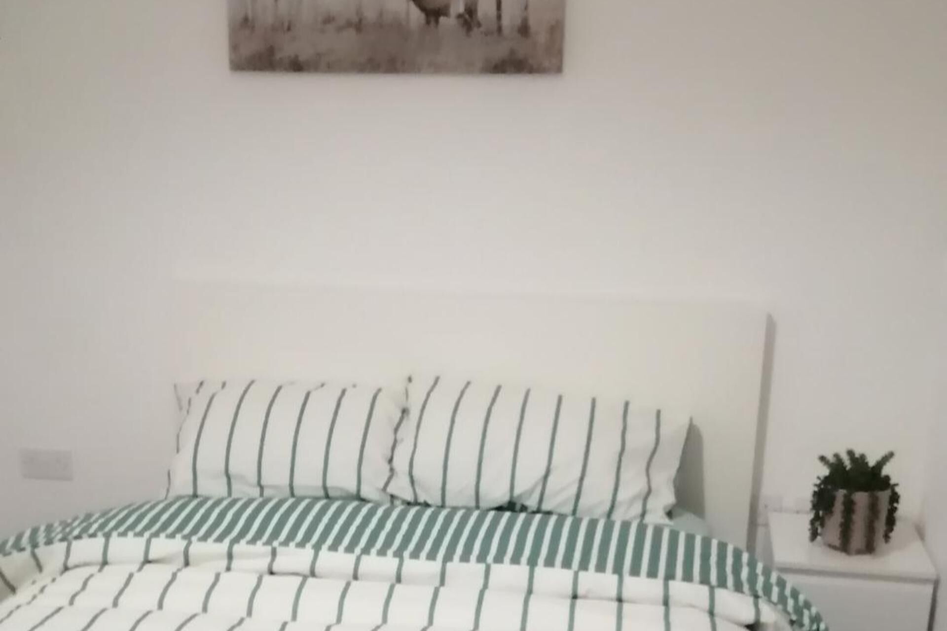 Un lit avec une couvre-lit à rayures, une table de chevet avec une plante et un tableau au mur.