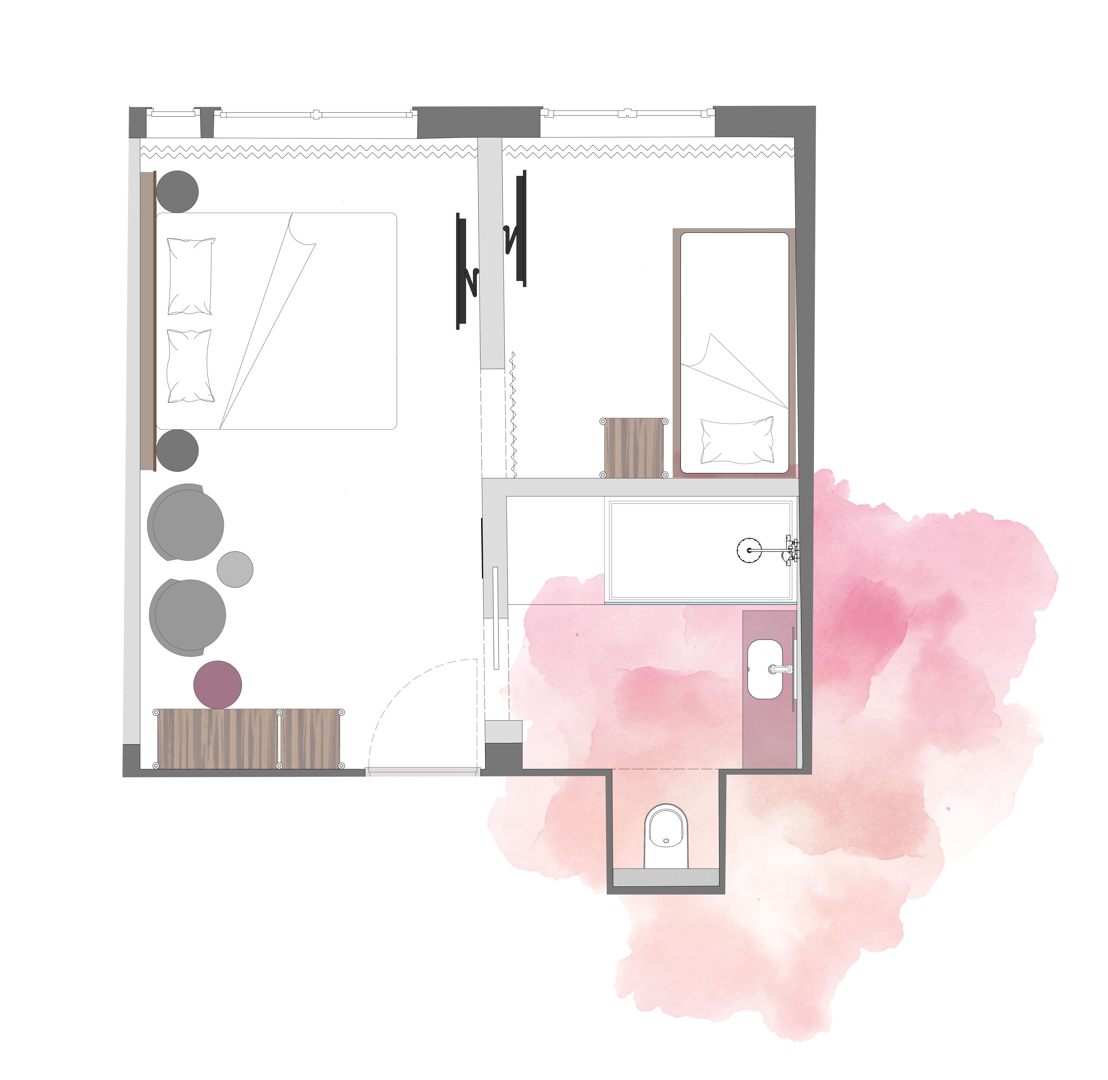 Plano de planta de una habitación de hotel con cama, baño, una pequeña zona de estar y kitchenette.