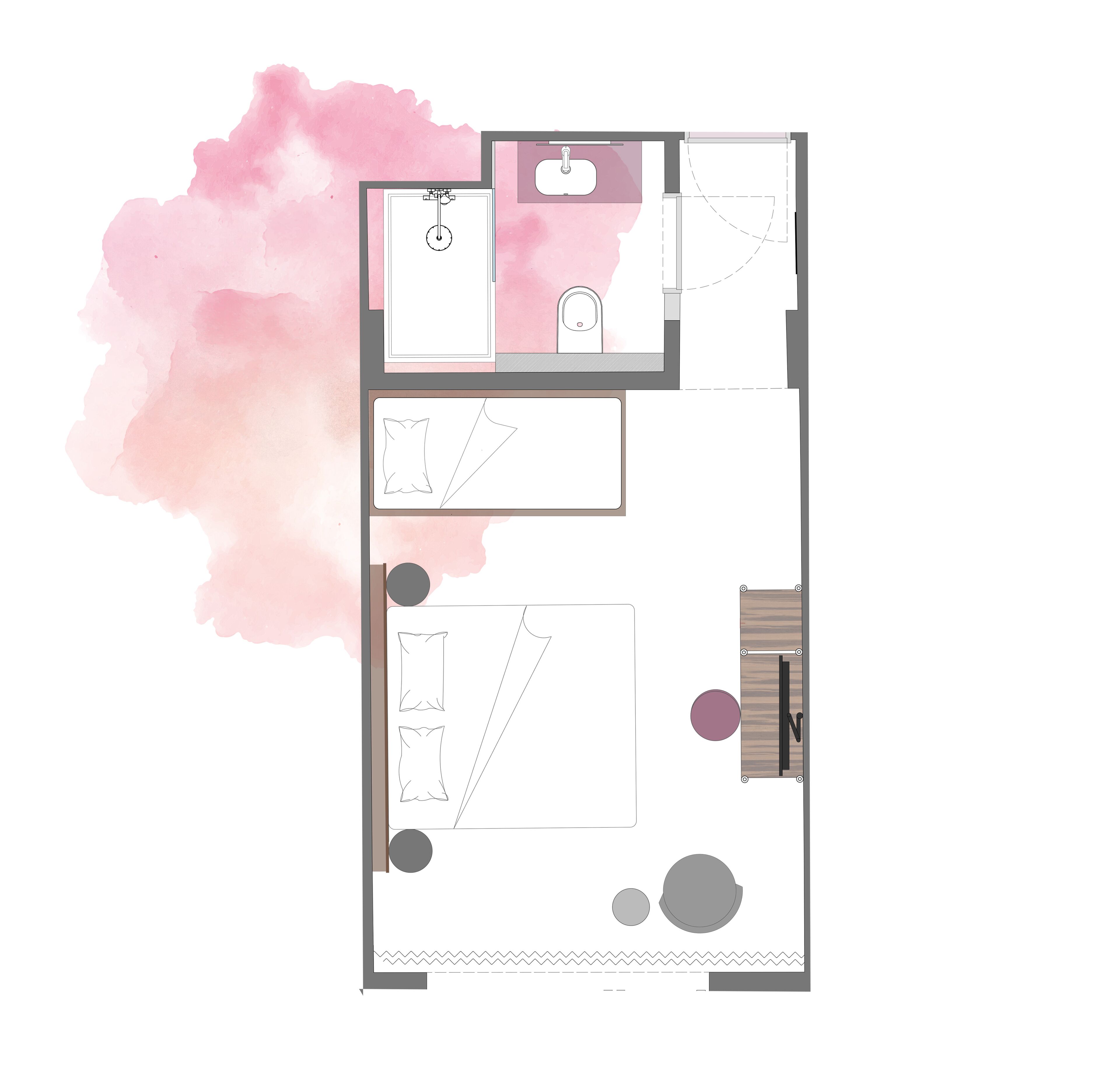 Un plan d’étage d’une chambre d’hôtel comprenant une salle de bain, un petit coin cuisine, un espace salon et une grande fenêtre.