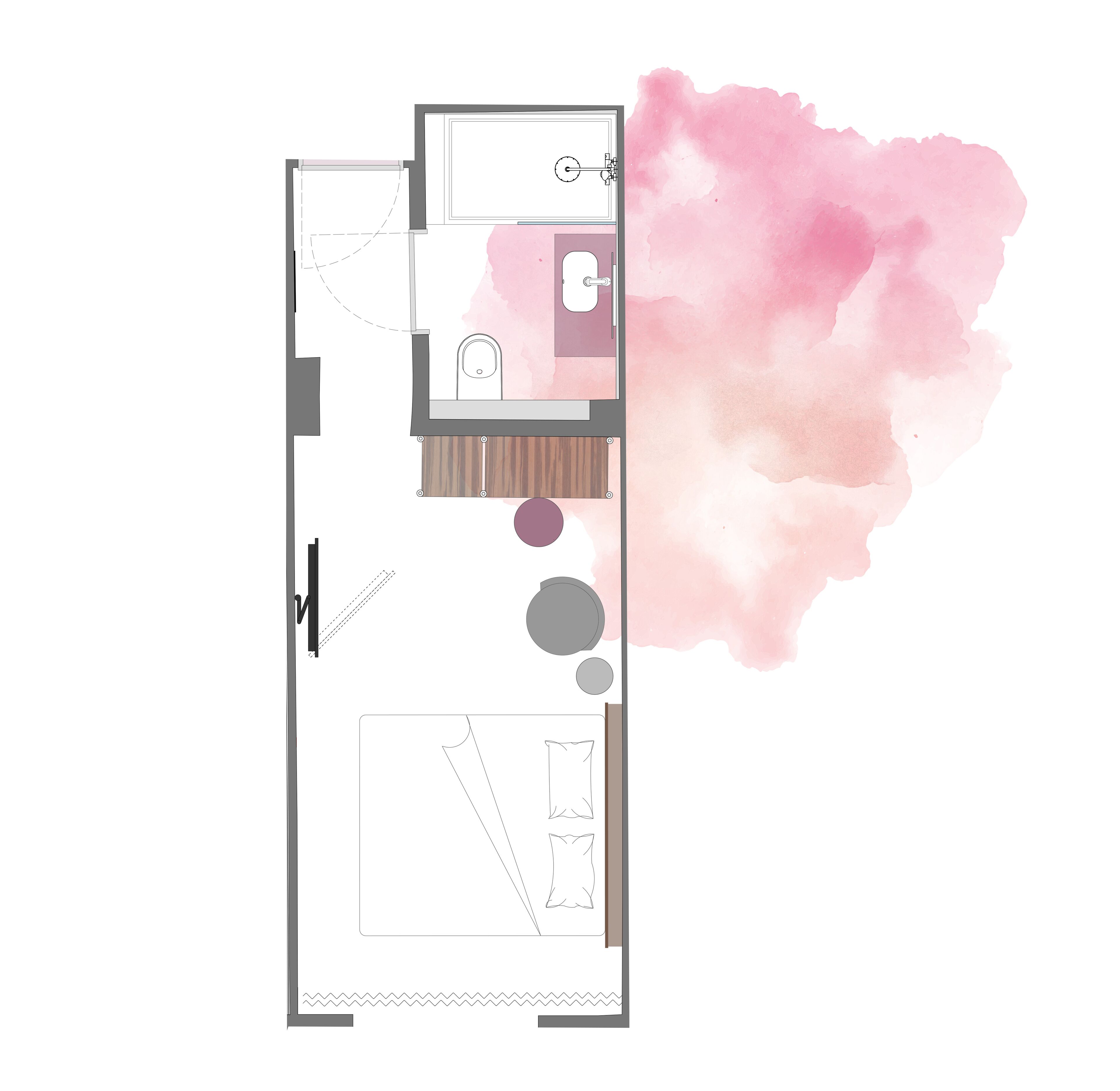Un plan d’étage d’une chambre d’hôtel comprenant une salle de bain, un petit coin cuisine et un espace salon.