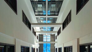 A multi-level interior with a central skylight and symmetrical design.