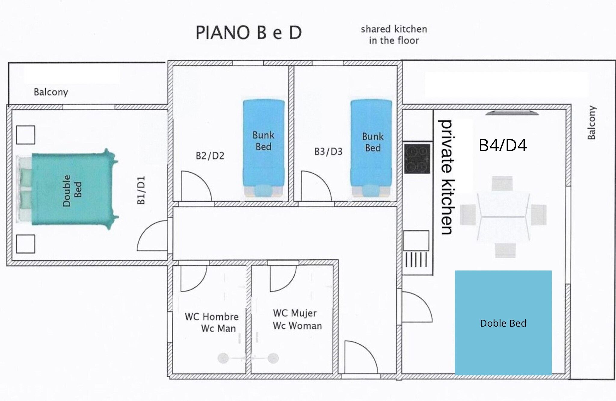 Plano de un hotel que muestra balcón, cocina privada, cocina compartida y camas dobles.