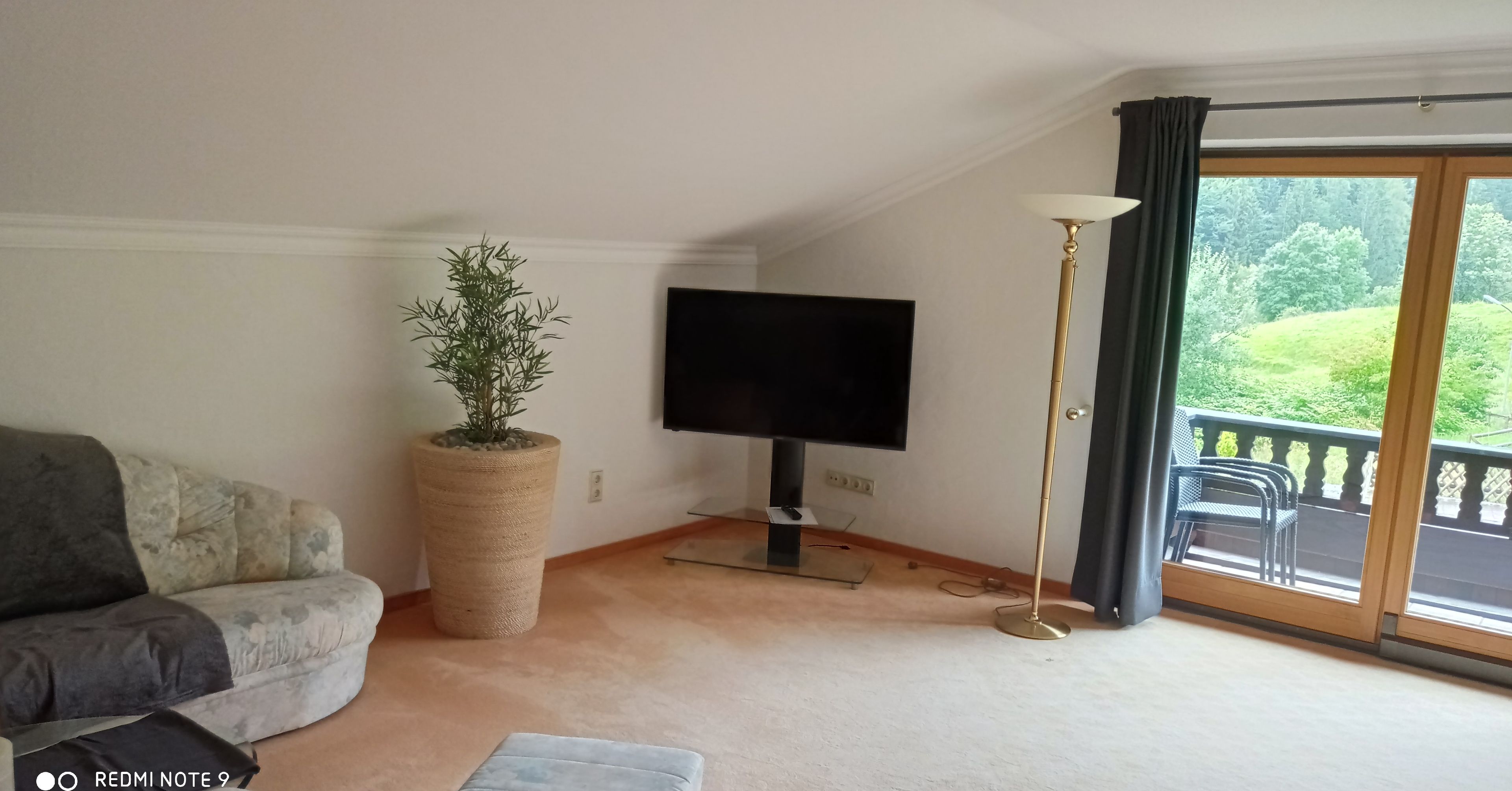 Un saló amb un sofà, una televisió, una planta en testos i un balcó amb mobles d'exterior.