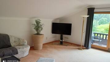 Un salon comprenant un canapé, un téléviseur, une plante en pot et un balcon aménagé avec du mobilier d’extérieur.