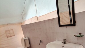 A bathroom with a toilet, sink, and mirror. - World Attic Camp (Leh)