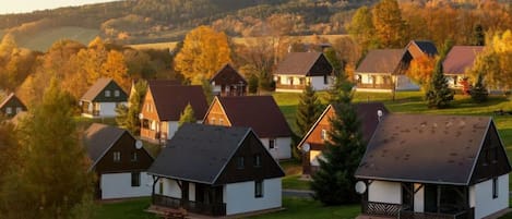 A cluster of traditional houses with sloped roofs, surrounded by a grassy field and trees with autumn foliage.