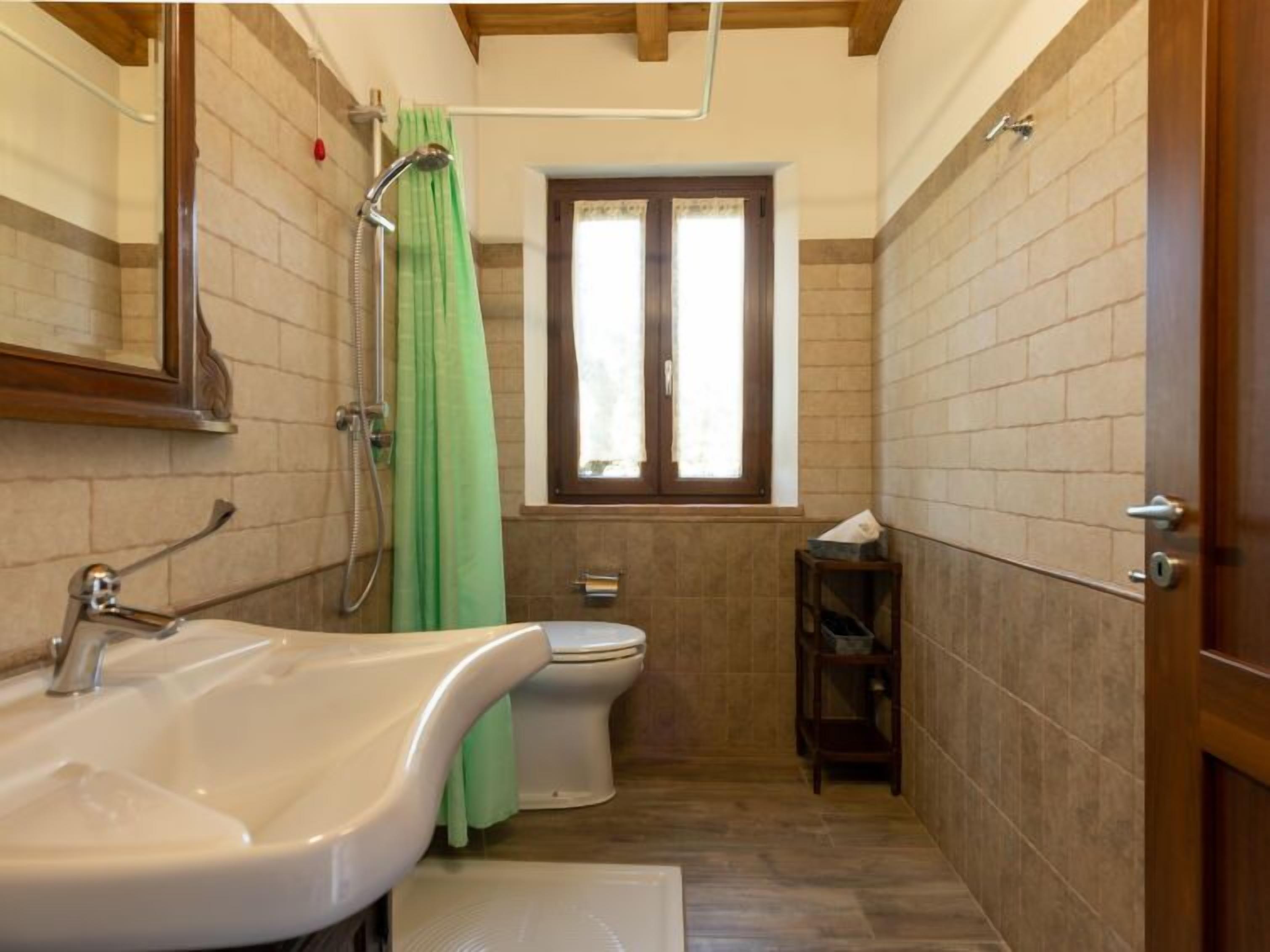 A small bathroom with a sink, toilet, and shower.