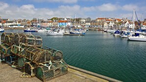 A harbor with boats docked and a pile of lobster traps on the shore. - Jules By The Sea Anstruther (Anstruther)