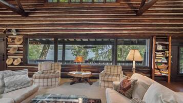 TV connectée, cheminée, livres