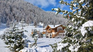 Un chalet enneigé, avec une façade en bois, entouré d’arbres chargés de neige et dominé par un paysage montagneux.