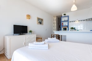 Habitación de hotel con cama, televisión, escritorio con computadora, silla y una planta pequeña.