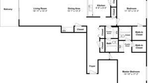 En planritning över ett hotellrum som visar planlösningen, inklusive en balkong, vardagsrum, matplats, kök, sovrum och två rymliga garderober.