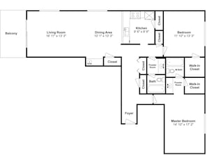 Grundriss eines Hotelzimmers mit Balkon, Wohnzimmer, Essbereich, Küche, Schlafzimmer und zwei begehbaren Kleiderschränken.