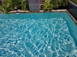 Relax by the pool surrounded by lush greenery and a tranquil atmosphere.