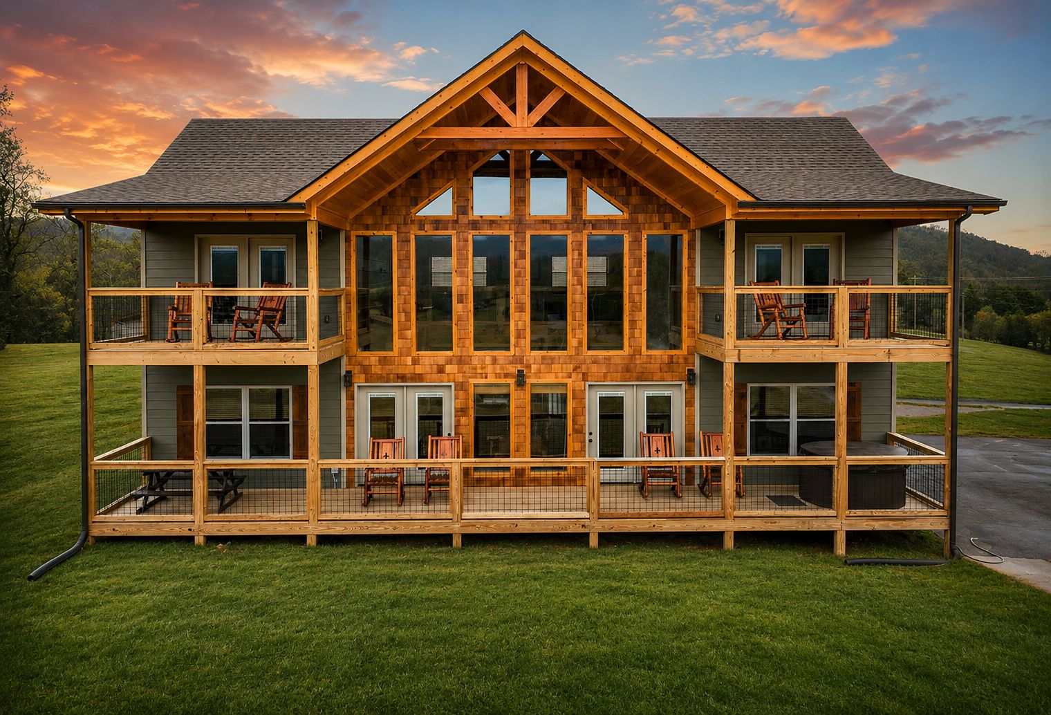 Une maison en bois à deux étages, dotée d’un balcon à chaque étage, de grandes fenêtres et d’une pelouse verdoyante.