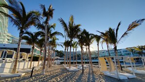 A beach area with palm trees, lounge chairs, and a pool in the background.