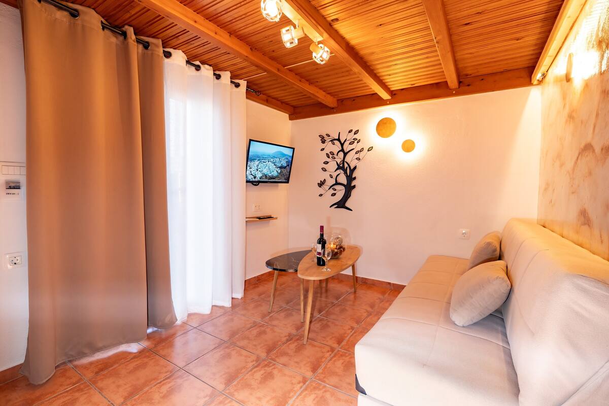 Un salon avec un plafond en bois, un téléviseur fixé au mur, une petite table avec une bouteille et des verres, un canapé et des rideaux à la fenêtre.