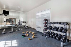 Una palestra con tapis roulant, cyclette e un rastrelliera piena di manubri.